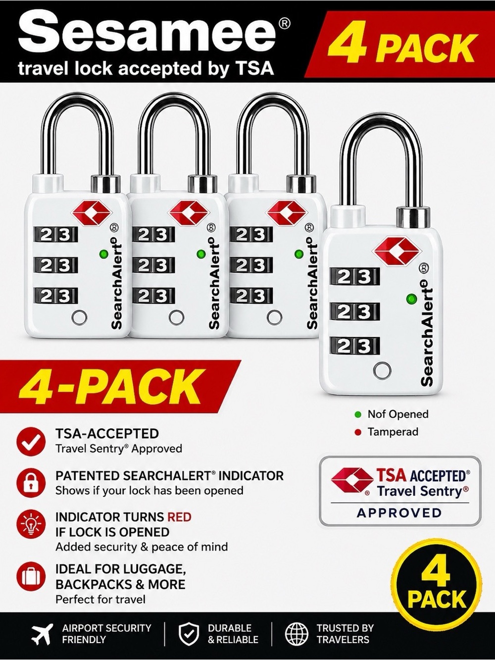 TSA-Accepted White Combination Luggage Locks - 4 Pack